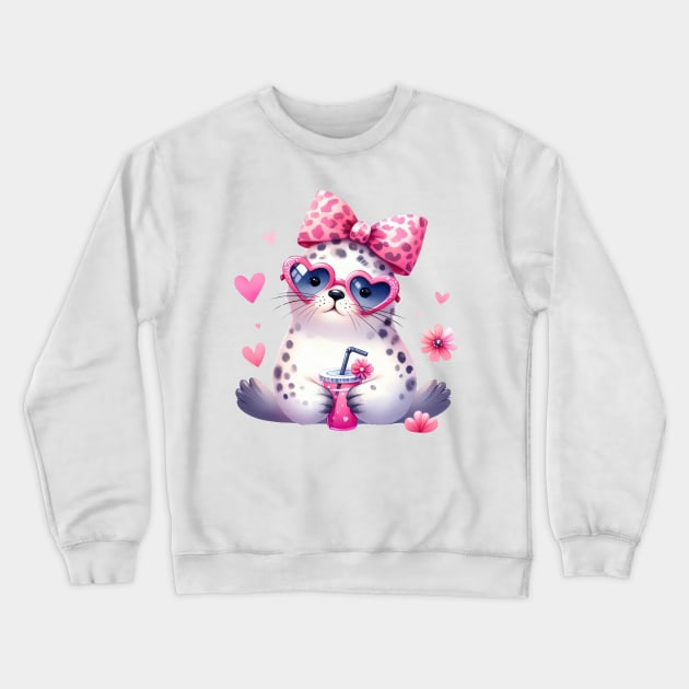 Valentine Seal Drinking Ice Cream Crewneck Sweatshirt by Chromatic Fusion Studio